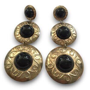 Vintage Gold Tone Ornate brass Black Acrylic Art Deco Art Nouveau 80s Earrings